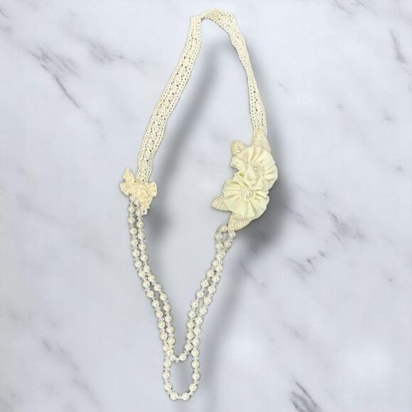 Ivory Pearl Double Row Crochet Seed Bead Floral Statement Necklace NWT - Picture 5 of 5